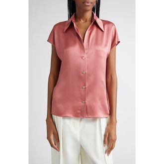 Vince Cap Sleeve Gathered Back Short Sleeve Silk Button-Up Shirt in Peony Wood at Nordstrom Rack, Size Medium