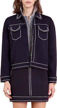 English Factory Denim Look Collared Cardigan in Navy/White at Nordstrom, Size X-Small