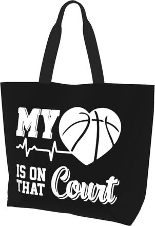 AOOEDM My Heart Is On That Court Basketball Ladies Canvas Tote Reusable Shopping Bag