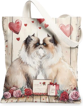 Generic Valentines Day Fox Canvas Tote Bag for Shopping 13x15, Rustic Country Couple Animal Reusable Grocery Print Bag for Women, Holiday Beach Aesthetic Pain