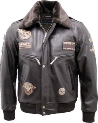 Infinity Mens Brown Cow Hide Leather Flight Bomber Jacket with Detachable Collar XL