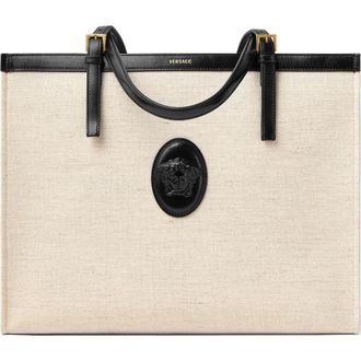 Versace Large Rivi&egrave;re Canvas Tote in Beige Black/Gold at Nordstrom