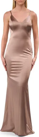 La Femme Chic Long Stretch Satin Gown with V Neck and Back in Nude at Nordstrom, Size 00