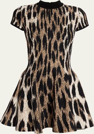 Balmain Leopard Jacquard Fit-&-Flare Mini Dress