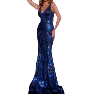Jovani Stripe Pattern Prom Dress In Navy