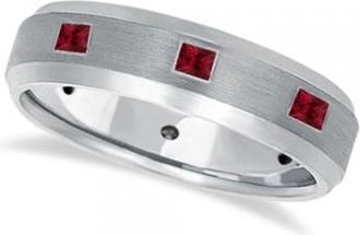 Allurez Princess-Cut Ruby Ring for Men Wedding Band 14k White Gold (0.80ct)