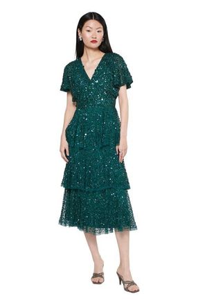 Beauut Occasion Embellished Sequin Beaded Short Sleeves Evening Midi Dress in Emerald Green at Nordstrom, Size 4