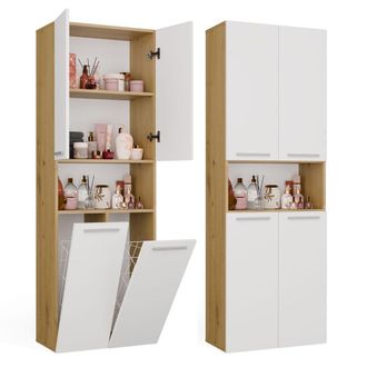 Topeshop Nel 2k Dk Mobile Bagno - 3 Mensole, 2 Cesto Portabiancheria - 60x174x30 Cm - Rovere Artisan Bianco