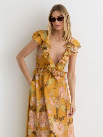 Reiss Yellow Floral-print Frill-trim Midi Dress, 18
