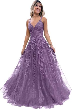 Generic Womens Lace Applique Prom Dresses Long Tulle Bridesmaid Dress A Line V Neck Formal Party Ball Gowns with Slit Mauve XS