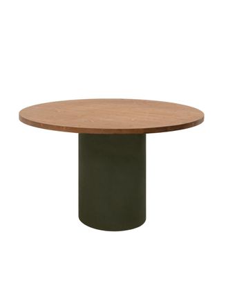 Deco Wood Mesa comedor redonda madera marr&oacute;n oscuro y microcemento verde 100cm