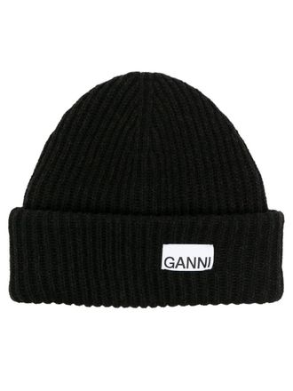 Ganni logo patch knit beanie - Black