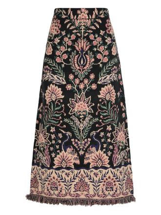 Farm Rio floral-print fringed-trim midi skirt - women - Polyester/Viscose/Polyamide/Acrylic - S - Black