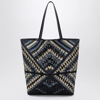 Loewe XL navy/light blue raffia Puzzle Fold tote bag