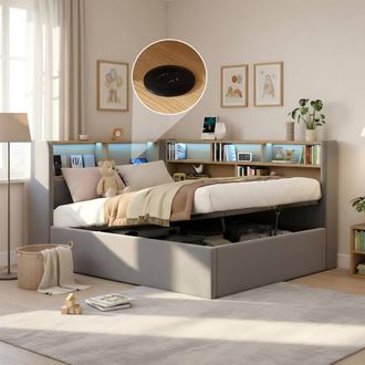 Matteo Grey Velvet L-Shaped Daybed with Hydraulic Storage - 3FT Single
