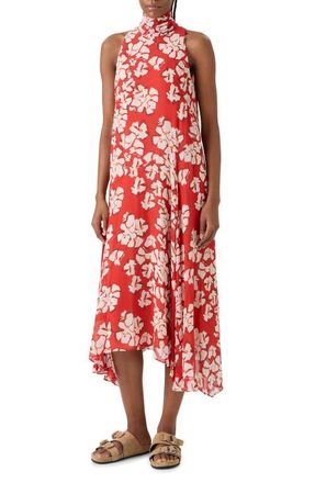 Akris Papercut Floral Mock Neck High-Low Georgette Dress in Red-Cream at Nordstrom, Size 10