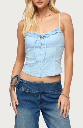 Edikted Kerah Ruffle Button-Up Camisole in Light-Blue at Nordstrom, Size X-Small