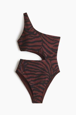 H&M Padded-cup High Leg One-shoulder Swimsuit in Dark Brown/zebra Print at Nordstrom, Size X-Small
