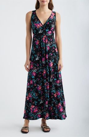Loveappella Floral Sleeveless Jersey Maxi Dress in Black/Fuchsia at Nordstrom, Size X-Small
