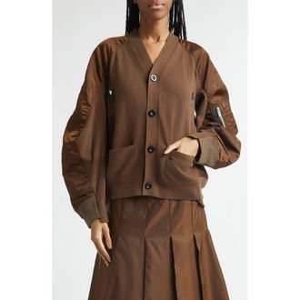 sacai Mixed Media Knit & Nylon Twill Cardigan in Brown at Nordstrom, Size 4