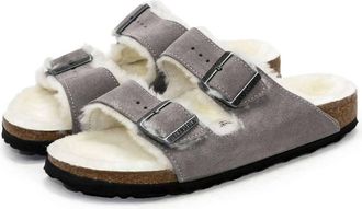 Birkenstock Womens Arizona Shearling Sandals In Stone Coin