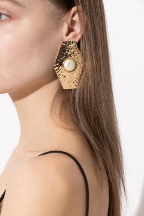 Self Portrait Brass Earrings With Glass Pearl, Womens, Gold