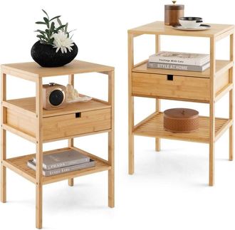 Costway 2 pcs Bamboo End Table with 2 Open Shelves & Drawer