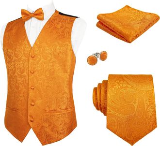Alizeal Mens Waistcoat Necktie Hanky Cufflinks and Bow Tie Set Paisley Classic 5pc Set, Orange-3XL