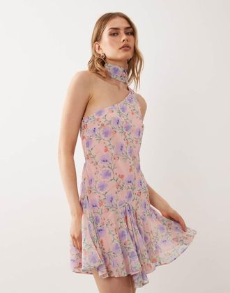 Asos Vestito corto con spalle scoperte e foulard con stampa a fiori multicolore