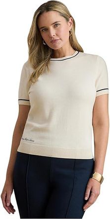 Lauren Ralph Lauren Plus Size Two-Tone Short Sleeve Sweater Womens Clothing Mascarpone Cream/Refined Navy : 1X, Cotton/Modal
