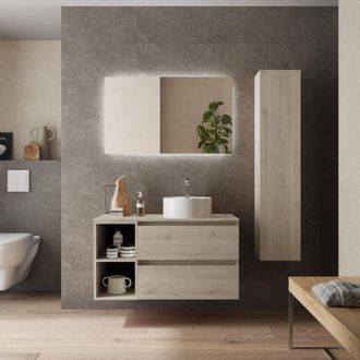 Cygnus Bath Mueble De Ba&ntilde;o Bequia Plus 90cm Natural Lavabo Sobre Encimera Porcelana Lado Reversible 2h