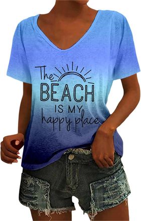 Generic Beach Shirt Women The Beach is My Happy Place T Shirt Short Sleeve Casual Summer Vacation Tees Top 2025 New Blue