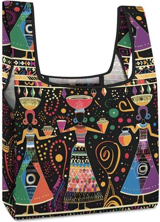 Generic Africa Ethnic Black Women Shopping Bag Reusable Grocery Tote Bag Foldable Handbag for Travel Picnic