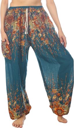 Lofbaz Womens Drawstring Floral 1 Harem Boho Pants Teal Green XL