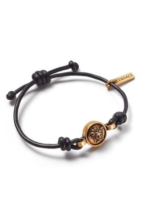 Versace Mens Leather Slide Bracelet in Black-Gold at Nordstrom