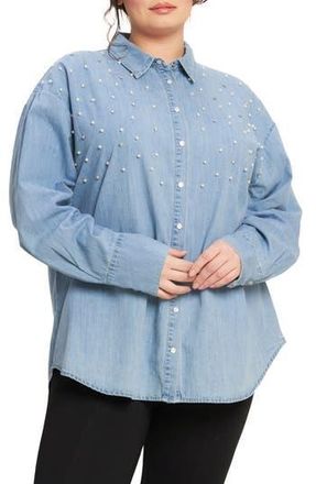 Flying Tomato Embellished Long Sleeve Denim Shirt in Light Indigo at Nordstrom Rack, Size 1 X