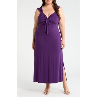 Loveappella Tie Front Jersey Maxi Dress in Dk Purple at Nordstrom, Size 3X