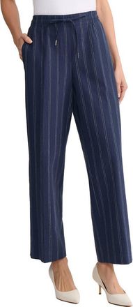 Jones New York Stripe Tie Waist Linen Blend Pants in Pacific Navy/Natural White at Nordstrom, Size X-Small