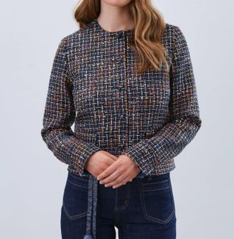 FDJ Tweed Collarless Jacket In Navy