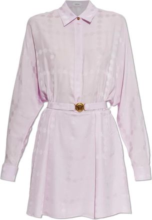 Versace Kleedjes, Dames, Paars, S, Zijden Jurk met Medusa Hoofd