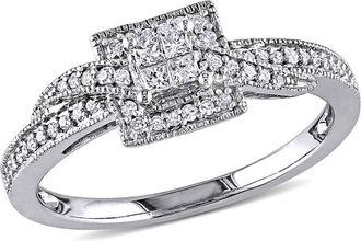 Amour 1/4 CT TW Princess Cut Quad and Round Diamond Halo Crossover Engagement Ring In 10K White Gold