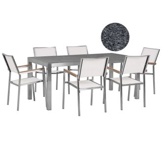 Beliani Conjunto De Comedor De Jard&iacute;n Blanco Con Mesa 180 X 90 Cm De Granito Gris 6 Sillas De Rat&aacute;n Grosseto