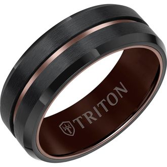 Triton 8MM Tungsten Carbide Ring with Satin Finish with Blue Center Line and Bevel Edge in Brown at Nordstrom, Size 10.5