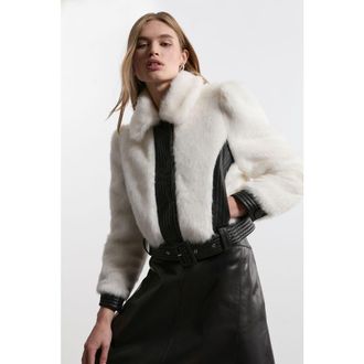 Karen Millen Faux Fur Pu Panel Belted Cropped Jacket in Ivory at Nordstrom, Size 10