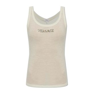 Versace Tops, Dames, Beige, XS, Wol, Geborduurd Ribgebreid Tanktop van Wol