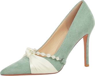 Generic Women Pointed Toe Stiletto High Heels 10CM Satin Wedding Pumps Pearl Chain Bow Suede Shoes for Bride Prom Party (Green,2.5)