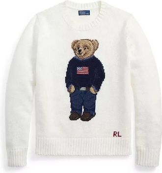 Polo Ralph Lauren Polo Bear Linen-Cotton Crewneck Sweater - Dames - Ronde hals truien - Wit - XS - Katoen - Truien & Vesten