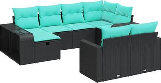 vidaXL Set De Sof&aacute;s De Jard&iacute;n Y Cojines 10 Pzas Rat&aacute;n Sint&eacute;tico Negro Vidaxl