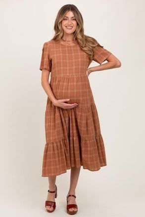 Pinkblush Plaid Tiered Short Sleeve Dress in Rust at Nordstrom, Size Medium