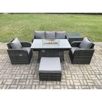 Fimous Patio Outdoor Rattan Garden Furniture Set Propane Gas Fire Pit Table Burner with Lounge Sofa Side Table Footstool - Fimous